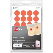 Avery Removable Colour Coding Labelsfor Laser and Inkjet Printers, " , Red - - Width3/4" Diameter - Removable Adhesive - Round - Inkjet, Laser - Neon Red - 24 / Sheet - 10 Total Sheets - 240 Total Label(s) - 240 / Pack