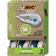 BIC Ecolutions Wite-Out Brand Correction Tape, 6 Metres, 10-Count Pack, Correction Tape Made from 56% Recycled Plastic Excluding Tape - 19.8 ft Length - 1 Line(s) - White Tape - Non-refillable, Tear Resistant, Mess-free, Quick Drying - 10 / Pack - White