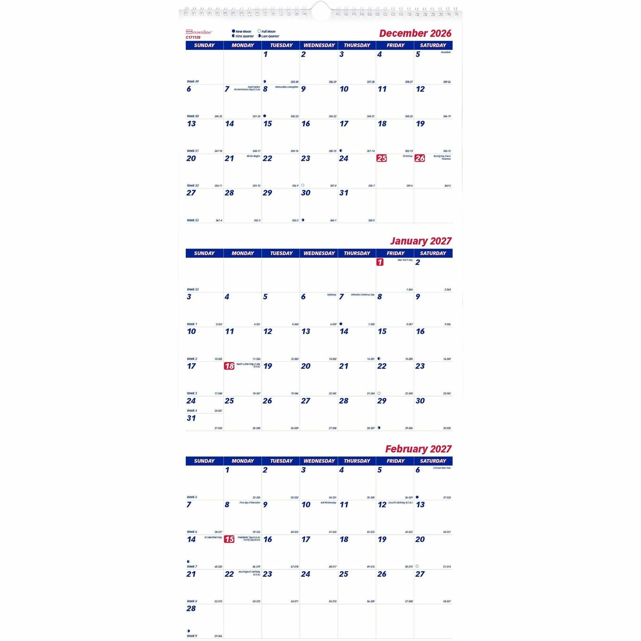 Brownline Three-Month Wall Calendar, 14 Months, December to January - Monthly - 14 Month - December 2026 to January 2028 - 3 Month Single Page Layout - 12 1/4" x 27" Sheet Size - Wall Mount - White - Chipboard - 1 Each