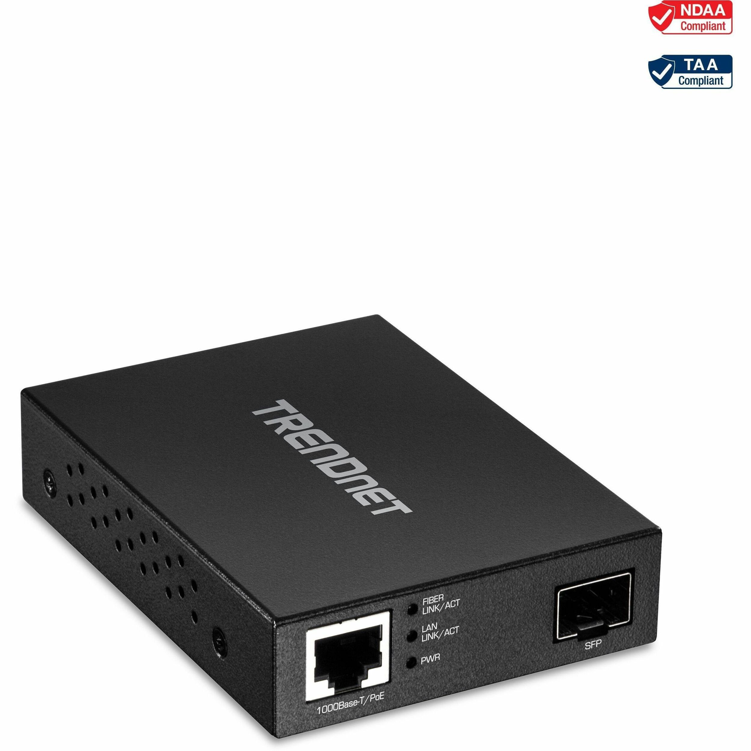 TRENDnet Gigabit Poe Pd SFP Fiber Media Converter; Poe Powered  100/1000Base-T to SFP Fiber Media Converter; Compact Design; TFC-PGSFP