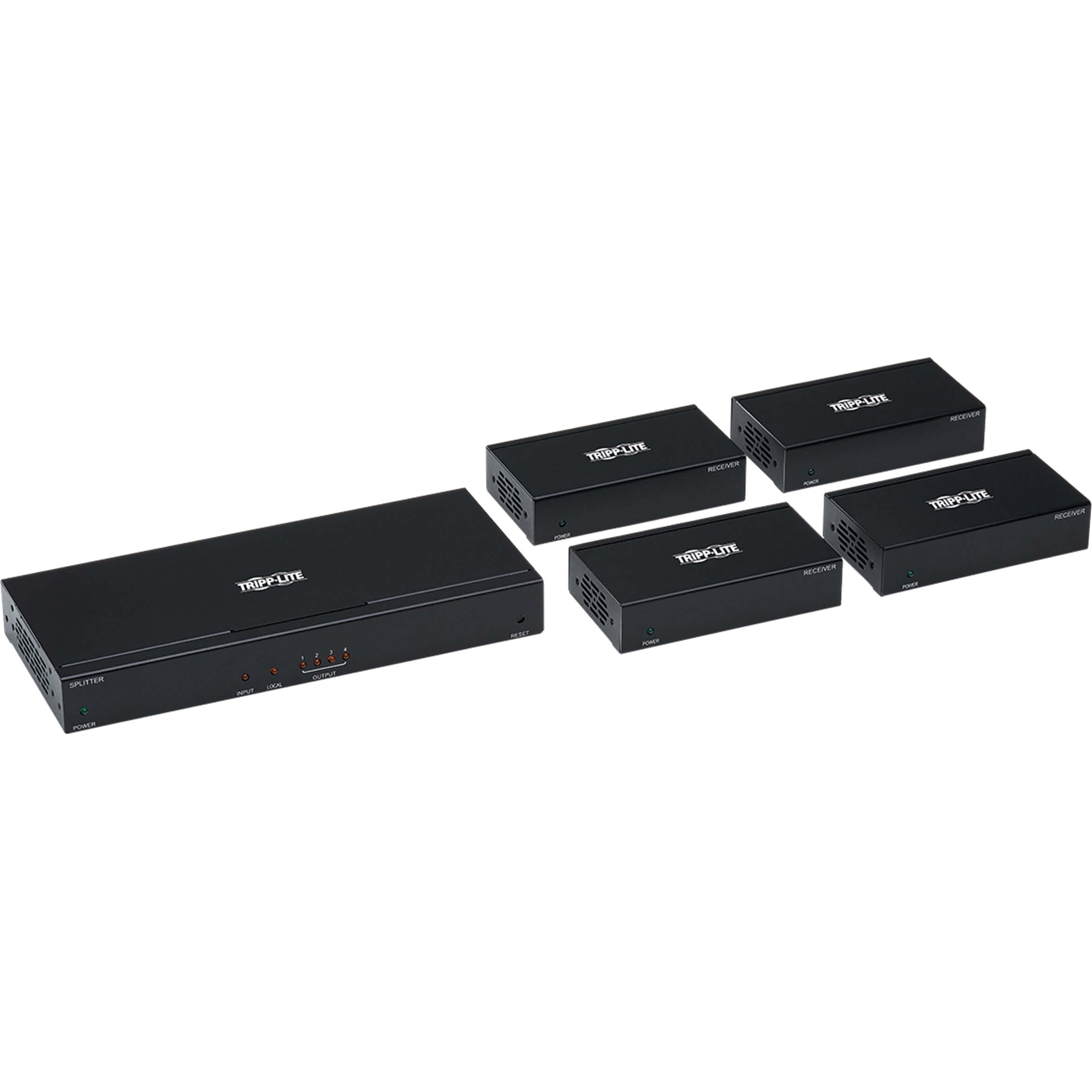 Tripp Lite B127-004-H4H Video Extender Transmitter/Receiver - 1 Input Device - 4 Output Device - 125 ft (38100 mm) Range - 8 x Network (RJ-45) - 1 x HDMI In - 4 x HDMI Out - 4K - 3840 x 2160 - Twisted Pair - Category 6 - Rack-mountable - TAA Compliant