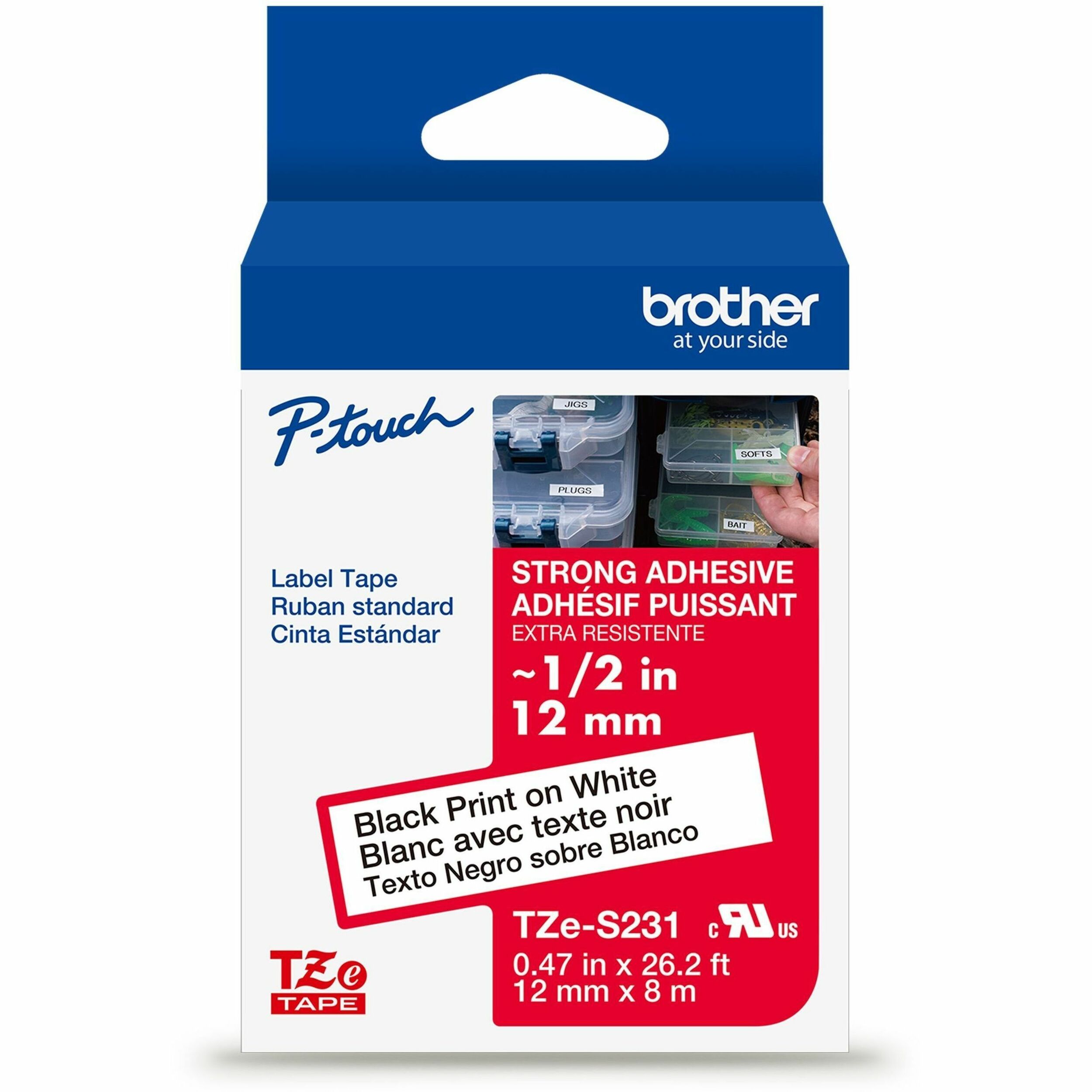 Brother Genuine P-touch TZeS231 BK on WHT Label Tape, Strong Adhesive Lam., 12mmX8m