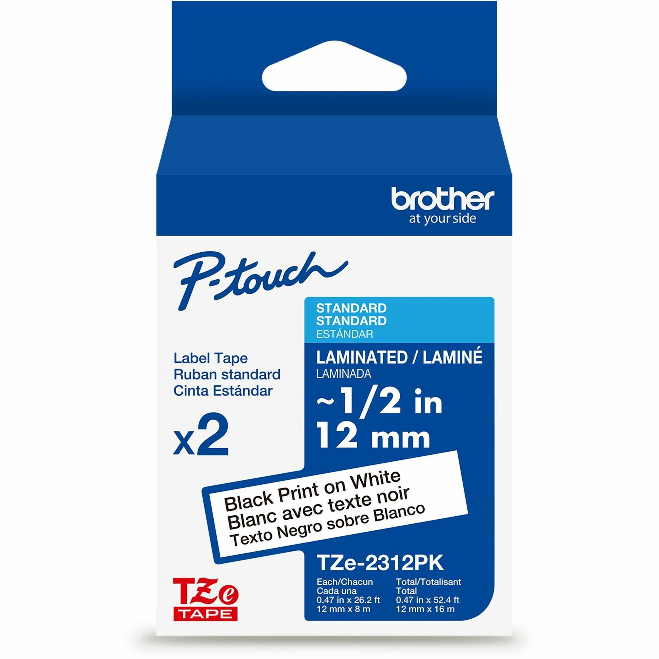 Brother Genuine P-touch TZe2312PK BK on WHT Label Tapes, Laminated, 12mmX8m each