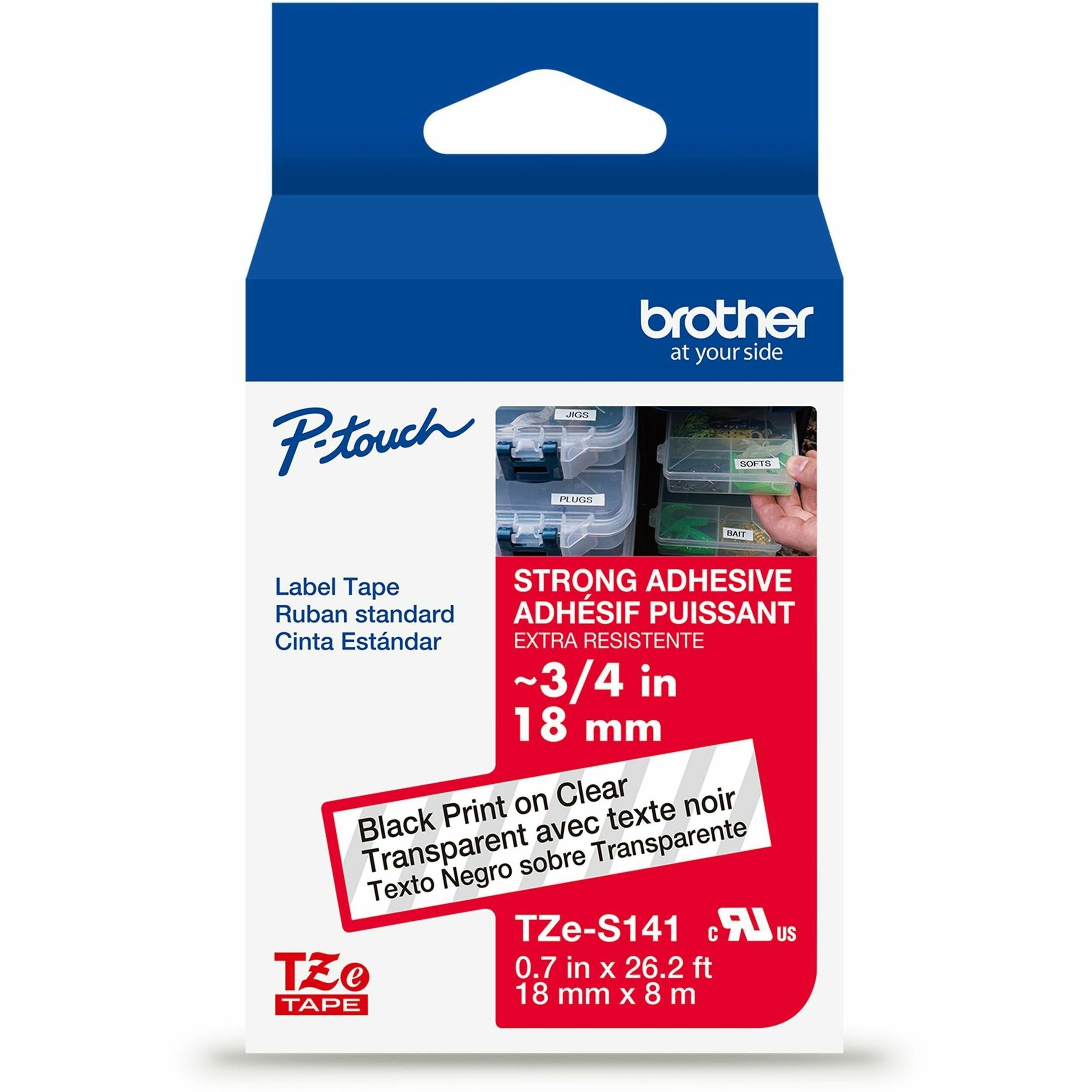 Brother Genuine P-touch TZeS141 BK on CLR Label Tape, Strong Adhesive Lam., 18mmX8m