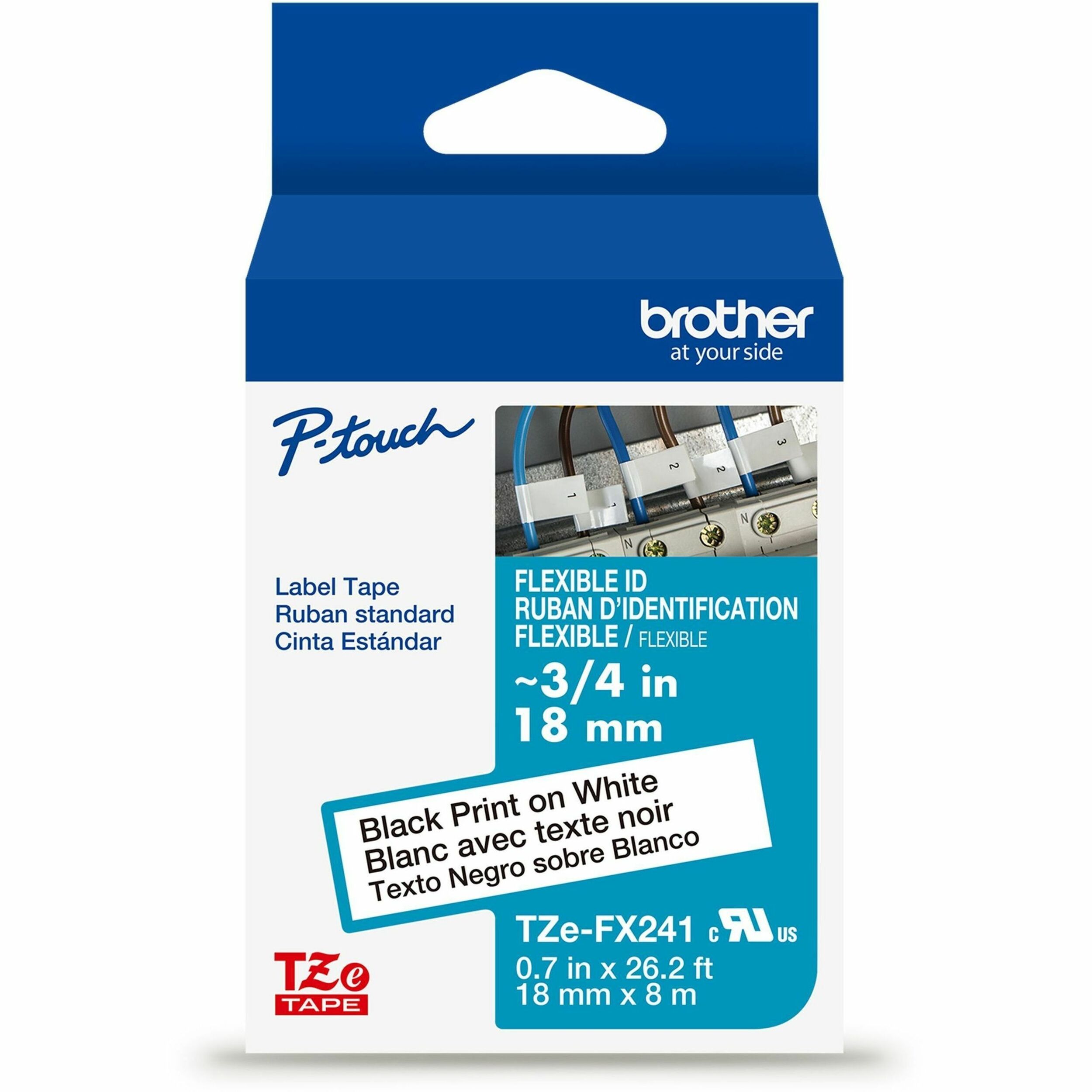 Brother Genuine P-touch TZeFX241 BK on WHT Label Tape, Flexible ID Laminated, 18mmX8m