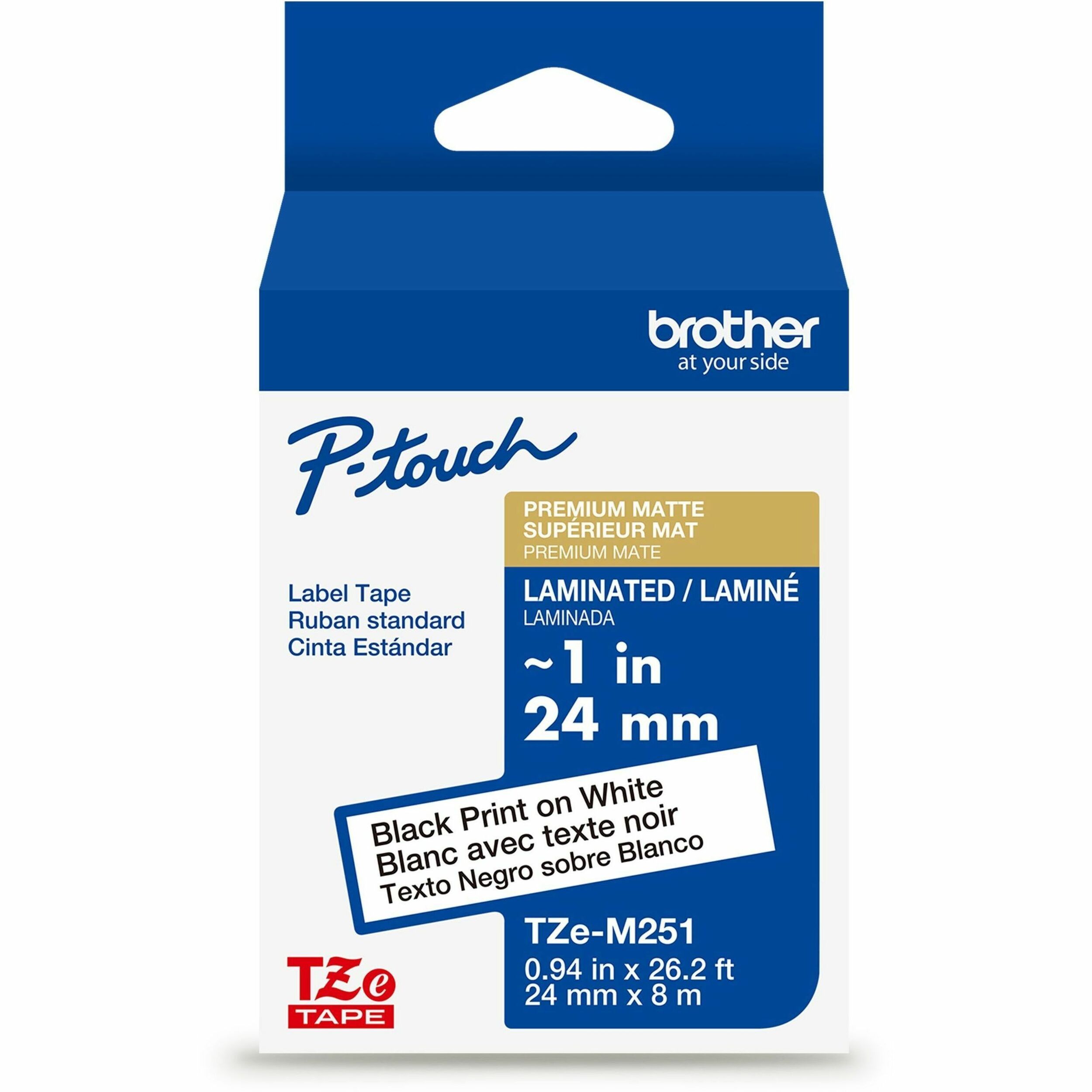 Brother Genuine P-touch TZeM251 BK on WHT Label Tape, Premium Matte Laminated, 24mmX8m