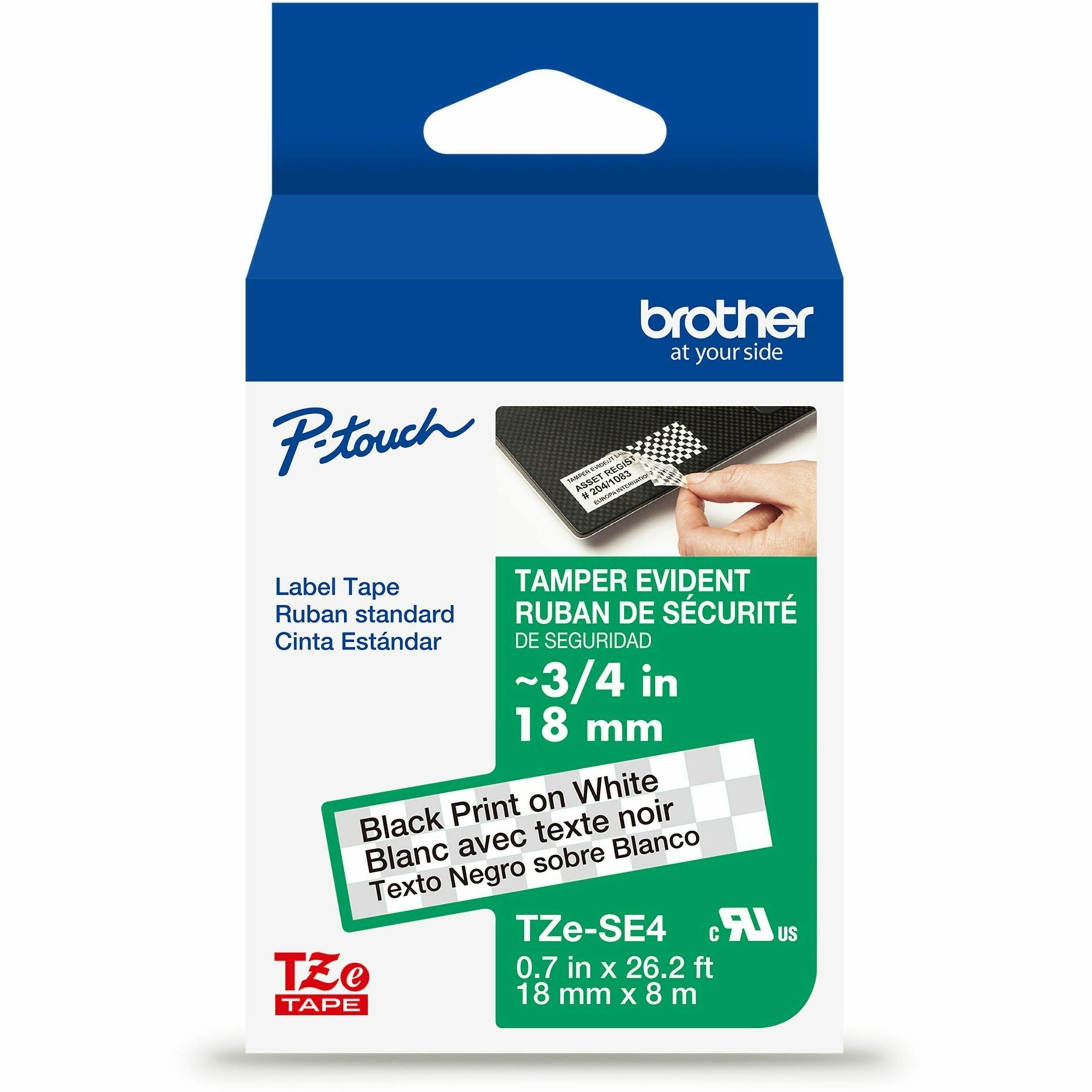 Brother Genuine P-touch TZeSE4 BK on WHT Tamper-Evident Label Tape, Laminated, 18mmX8m