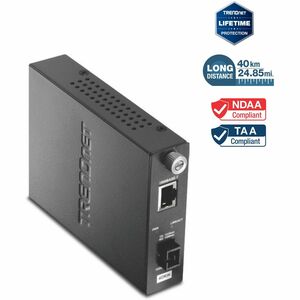 TRENDnet Intelligent Fiber Media Converter 1000Base-T to 1000Base-LX Dual Wavelength Single Mode SC Fiber (40 km / 24.85 Miles); Fiber to Ethernet Converter; RJ-45; Lifetime Protection; TFC-1000S40D5