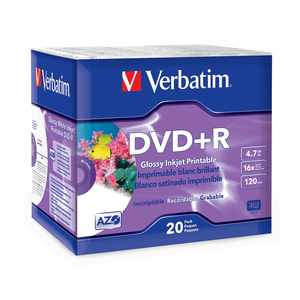 Verbatim DVD+R 4.7GB 16X White Glossy Inkjet Printable with Branded Hub - 20pk Slim Case