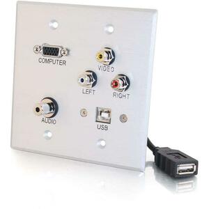 C2G Double Gang HD15 + 3.5mm + RCA A/V + USB Wall Plate - Brushed Aluminum