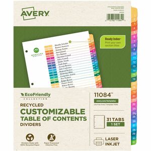 Table Contents Dividers,Recycled,1-31 Tab,11x8-1/2 ,Multi