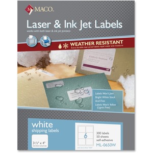 WHITE WEATHER-RESIST LSR/IJ LABELS 3-1/3X4 6/SHT,300/BX