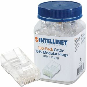 Intellinet Network Solutions Cat5e RJ45 Modular Plugs, 3-Prong, UTP, For Solid Wire, 100 Plugs in Jar