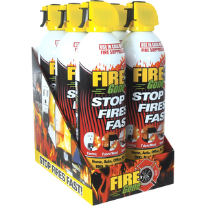 Fire Gone 6ct with POP Display (no individual unit returns accepted on non-defective stock). Safely put out small A, B, & C fires. Ideal for Office, Dorm, Kitchen, Garage, Car, Camping, RV, Grilling, Boat, Fireplace, Workshop.