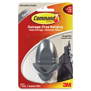 Medium Double Hook, Adhesive Strips,3lb Capacity, Graphite