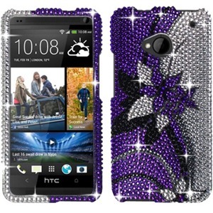 BasAcc Full Diamond Design Case Cover For HTC One M7 - Purple/Silver Vines