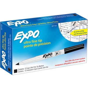 EXPO 80888: Extra Fine Dry Erase Markers with Eraser – Fine Point Type –  Black – Black Barrel – 1 Each