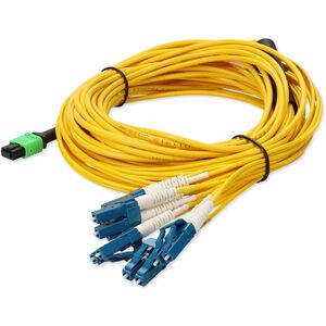 AddOn 10m MPO (Female) to 6xLC (Male) 12-Strand Yellow OS2 Duplex OFNR (Riser-Rated) Fiber Fanout Cable