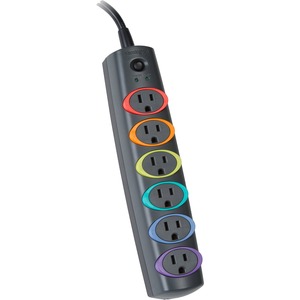 Kensington® SmartSockets® Surge Strip, 370 Joules, 6' Cord, 6 Power & 1 Phone Outlet, Color Coded