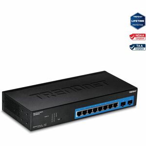 TRENDnet 10-Port Gigabit Web Smart Switch; 20 Gbps Switching Capacity; 8 x RJ-45 Ports; 2 x SFP; Slots; VLAN; QoS; LACP; IPv6 Support; Fanless; Rack Mountable; Lifetime Protection; TEG-082WS