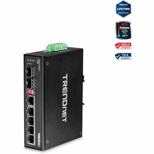 TRENDnet 6-Port Hardened Industrial Gigabit DIN-Rail Switch, 12 Gbps Switching Capacity, IP30 Rated Metal Housing -40 to 75 ºC (-40 to 167 ºF),DIN-Rail & Wall Mounts Included, Lifetime Protection, Black, TI-G62