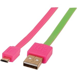 Manhattan Flat Hi-Speed USB 2.0 A Male to Micro-B Male - 6 ft - Pink/Green - Retail Blister