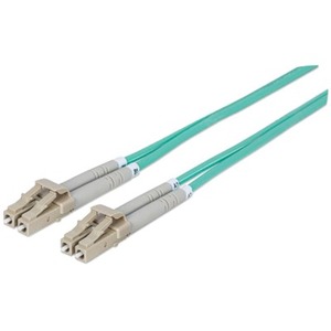 Intellinet Network Solutions Fiber Optic Patch Cable, LC/LC, OM3, 50/125, Multimode, Duplex, Aqua, 3 ft (1 m)