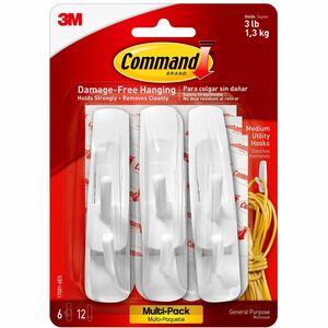 3 Pks 3M Command 2 Medium Clear Wire Hooks & 3 Adhesive Strips Per