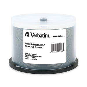 Verbatim CD-R 700MB 52X DataLifePlus Silver Inkjet Printable, Hub Printable - 50pk Spindle