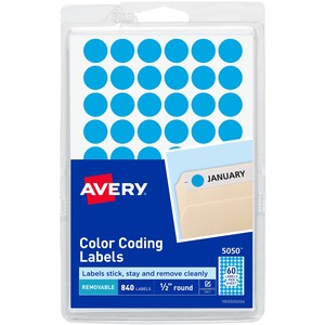 Avery® Removable Color-Coding Labels, Removable Adhesive, Light Blue, Handwrite Only, 1/2" Diameter, 840 Labels (5050)