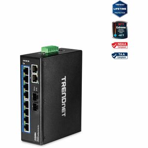 TRENDnet 10-Port Hardened Industrial Gigabit DIN-Rail Switch, 20Gbps Switching Capacity, DIN-Rail And Wall Mounts Included, Dual Redundant, Two RJ-45/SFP Ports, Lifetime Protection, Black, TI-G102