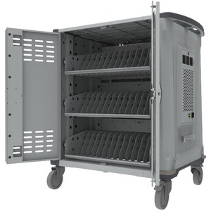 Rocstor Volt® C42 Charging Cart with Intelligent Power Charging - Up to 42 Device Intelligent Power Charging Cart for Notebooks, Chromebook®, MacBook®, and Macbook® Pro- 3 Slide-out shelves - Push Handle - 4 Heavy Duty 5" Casters - Steel Construction - 34.9" Width x 24.4" Depth x 40.7" Height - Silver - 5 Year Full Warranty - For up to 42 Devices MACBOOK®/CHROMEBOOK®/ NOTEBOOK UP TO 15.6"