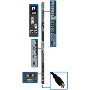 Tripp Lite by Eaton 10kW 200-240V 3PH Switched PDU - LX Interface, Gigabit, 30 Outlets, L21-30P Input, LCD, 3 m Cord, 0U 1.8 m Height, TAA