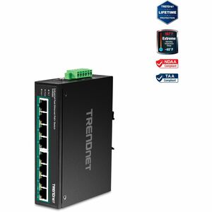 TRENDnet 8-Port Industrial Fast Ethernet PoE+ DIN-Rail Switch;TI-PE80;8 x Fast Ethernet PoE+ Ports;IP30 Network Unmanaged Switch;200W PoE Power Budget; 1.6Gbps Switching Capacity; Lifetime Protection