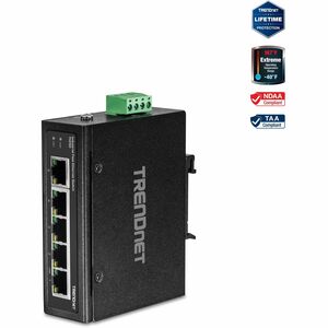 TRENDnet 5-Port Industrial Unmanaged Fast Ethernet DIN-Rail Switch, 5 x Fast Ethernet Ports, IP30, Operating Temperature Range of (- 40 - 75 °C (- 40 - 167 °F), Lifetime Protection, Black, TI-E50