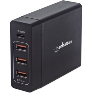 Manhattan Charging Station, 1x USB-C and 3x USB-A Ports, USB-C Output: 1x 60W / 3A, USB-A Outputs: 3x 2.4A, Cable 1m, Black, Boxed (Power Cable: Euro 2-pin plug to C7 figure-of-8 connector)