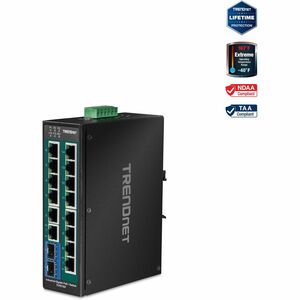 TRENDnet 16-Port Hardened Industrial Unmanaged Gigabit PoE+ DIN-Rail Switch; TI-PG162; 14 x Gigabit Ports; 2 x Gigabit SFP Slots; 32Gbps; IP30 Gigabit Network Ethernet Switch; Lifetime Protection