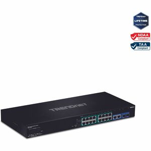 Roll over image to zoom in TRENDnet 18-Port Gigabit PoE+ Smart Surveillance Switch with 16 x Gigabit PoE+ Ports; TPE-3018LS; 2 x Shared Gigabit Ports (RJ-45 or SFP); 220W PoE Budget; Long Range PoE+; VLAN; QoS; LACP; ONVIF