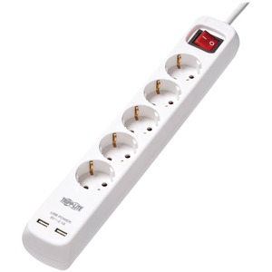 Tripp Lite by Eaton 5-Outlet Power Strip with USB-A Charging - Schuko Outlets, 220-250V, 16A, 3 m Cord, Schuko Plug, White