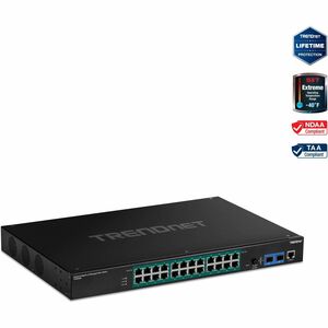 TRENDnet 26-Port Industrial Gigabit L2 Managed PoE+ Switch; TI-RP262i; 1U 19? Rackmount; 24 x Gigabit PoE+ Ports; 2 x SFP Slots (100/1000Base-FX); IP30; VLAN; QoS; 685W PoE Power Budget; Fanless