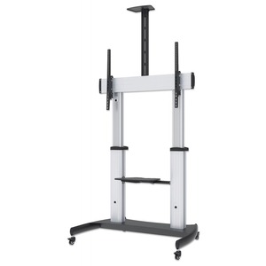 Manhattan TV & Monitor Mount, Trolley Stand, 1 screen, Screen Sizes: 60-100" , Silver/Black, VESA 200x200 to 800x600mm, Max 100kg, Height adjustable 1200 to 1685mm, Camera and AV shelves, Aluminium, LFD, Lifetime Warranty