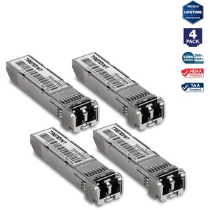 TRENDnet SFP Multi-Mode LC Module 4-Pack, TEG-MGBSX/4, Transmission Up to 550m (1804 Ft), Mini-GBIC, Hot Pluggable, IEEE 802.3z Gigabit Ethernet, Supports Up to 1.25 Gbps, Lifetime Protection