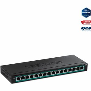 TRENDnet 16-Port Gigabit PoE+ Switch; TPE-TG160H; 123W PoE Power Budget; 32 Gbps Switching Capacity; Desktop Switch; Ethernet Network Switch; Metal; 1U 10" Rack Mountable; Lifetime Protection