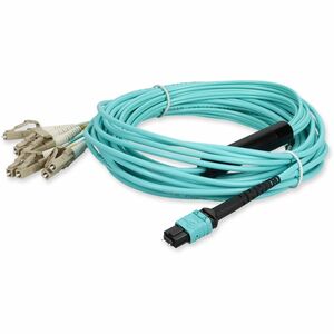 AddOn 8m MPO/UPC (Male) to 4xLC Duplex (8xLC)/UPC Aqua OM4 OFNR (Riser-Rated) 8-Strand Fiber Fanout Cable, MMF (Multi Mode), 50/125