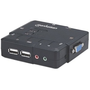 Manhattan KVM Switch Compact 2-Port, 2x USB-A, Cables included, Audio Support, Control 2x computers from one pc/mouse/screen, Black, Lifetime Warranty, Boxed