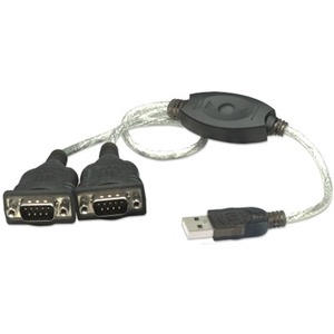 Manhattan USB-A to 2x Serial Ports Converter cable, 45cm, Male to Male, Serial/RS232/COM/DB9, Prolific PL-2303RA Chip, Black/Silver cable, Three Year Warranty, Blister