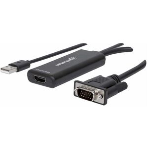 Manhattan VGA and USB-A to HDMI Converter, Analog VGA Video and USB Audio to Digital HDMI Signal, 1920x1080, 1080p@60Hz, 24-bit colour, 1.65 Gbps / 165 MHz, Three Year Warranty, Blister