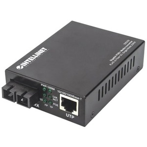 Intellinet Gigabit PoE+ Media Converter, 1000Base-T RJ45 Port to 1000Base-LX (SC) Single-Mode, 20 km (12.4 mi.), PoE+ Injector (With 2 Pin Euro Power Adapter)