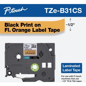 Brother TZe-B31CS, 0.47" x 16.4', Black on Fluorescent Orange Laminated Label Tape