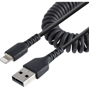 StarTech.com 50cm/20in USB to Lightning Cable, MFi Certified, Coiled iPhone Charger Cable, Black, Durable TPE Jacket Aramid Fiber